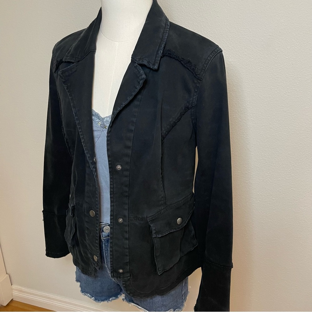 Free People Black Distressed Fitted Jacket with Ruffle Back & Lace-up Cuffs